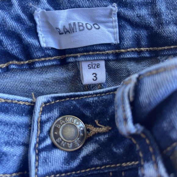 Bamboo Jeans Junior Size 3 Blue Patchwork Flare Raw Hem Front Seam Y2K Boho - Picture 4 of 10